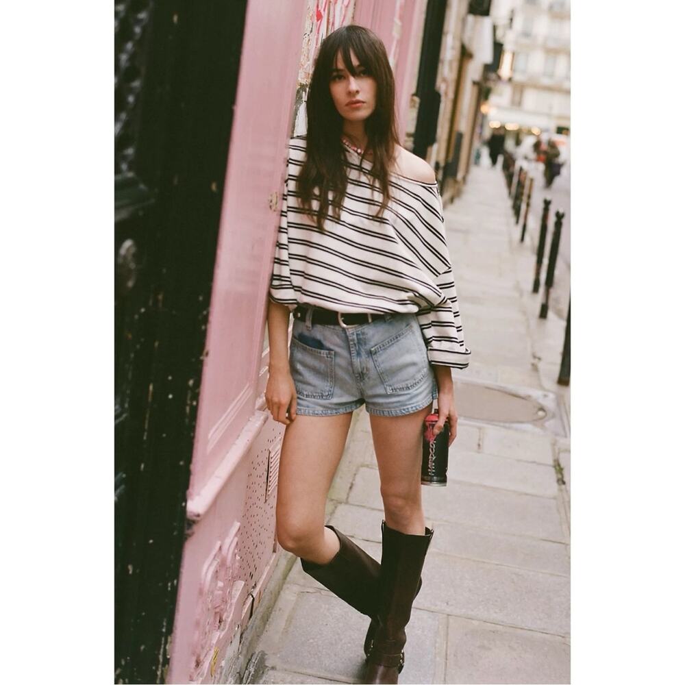 Free People Boatneck Bohemian Preppy C'est La Vie Tee Black White Stripes Large - Picture 6 of 13